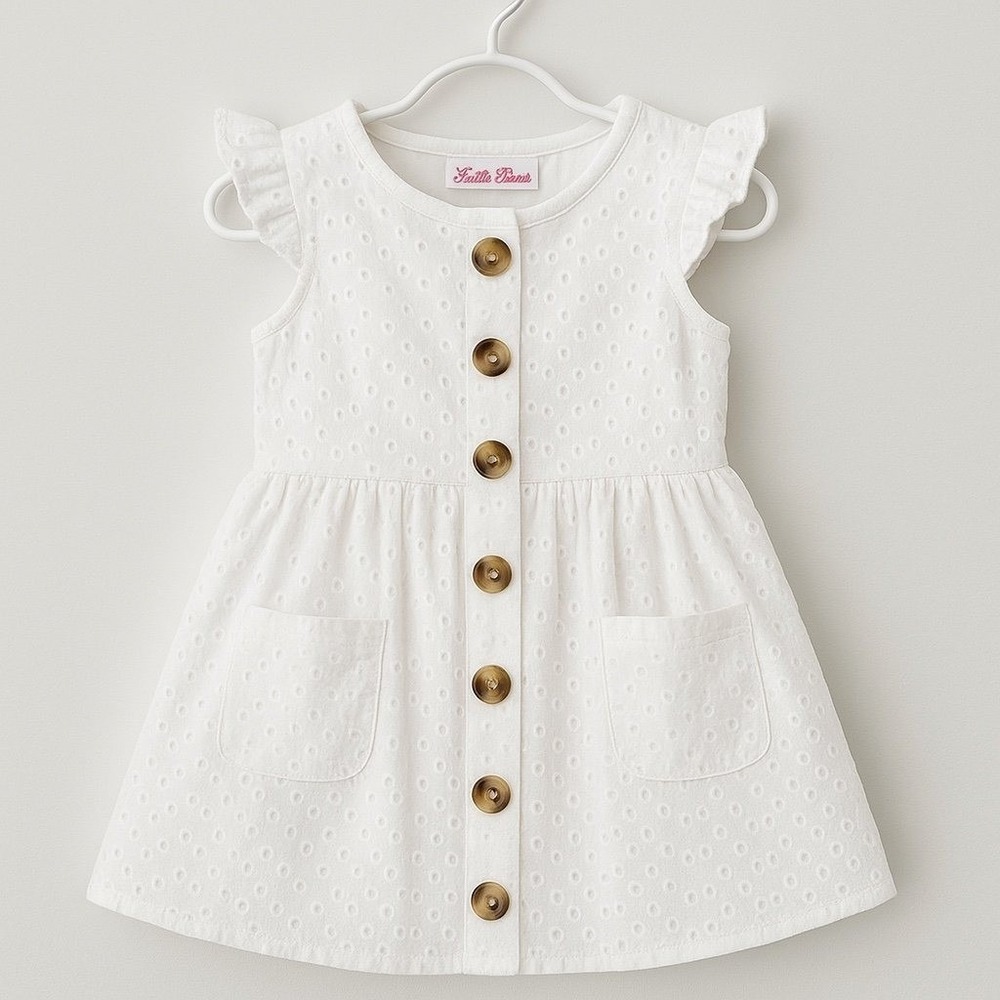 Little Lass White Eyelet Cotton Dress 2T Lined‎ Button Front Summer